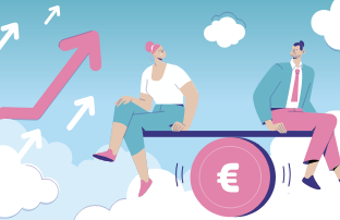 Illustration of two people balancing on a euro coin seesaw